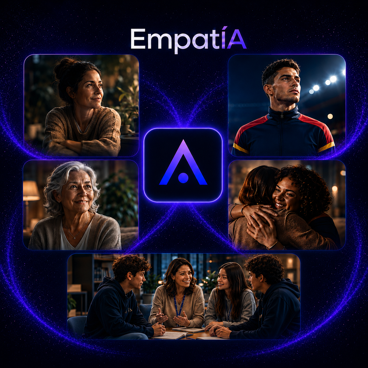 Composición de EmpatÍA: personas de distintas edades y situaciones —una mujer adulta, un deportista, una persona mayor, un grupo de jóvenes con una orientadora y dos personas abrazándose— alrededor del símbolo de la marca.